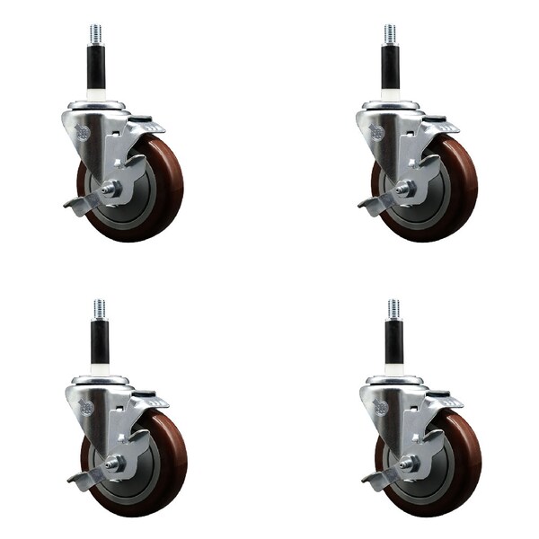 Service Caster 4'' SS Maroon Poly Swivel 7/8'' Expanding Stem Caster Set with Brake, 4PK SCC-SSEX20S414-PPUB-MRN-TLB-78-4 - main